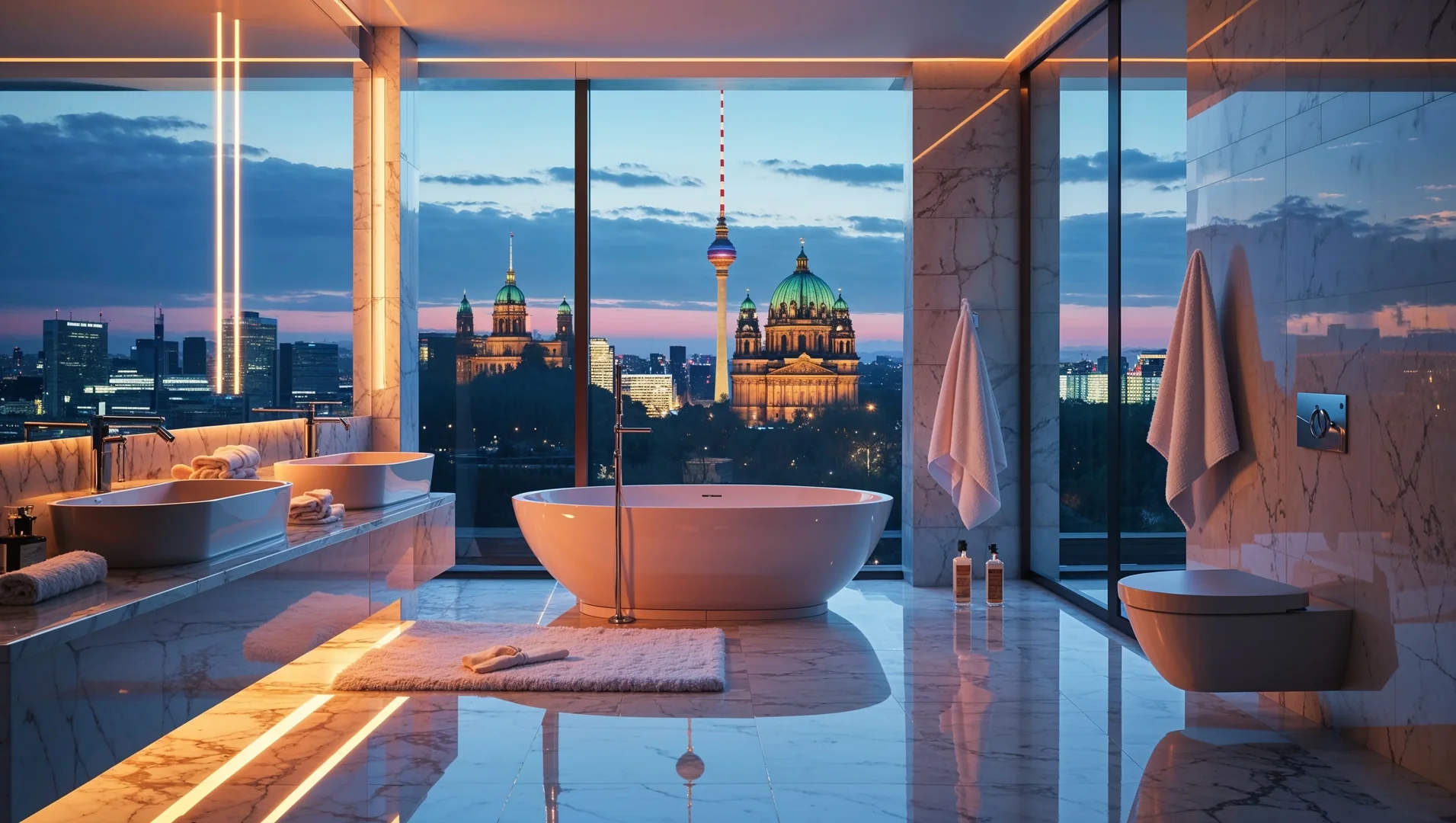 Moderne Badsanierung Berlin - Luxuriöses Badezimmer mit Blick auf Fernsehturm und Berliner Dom