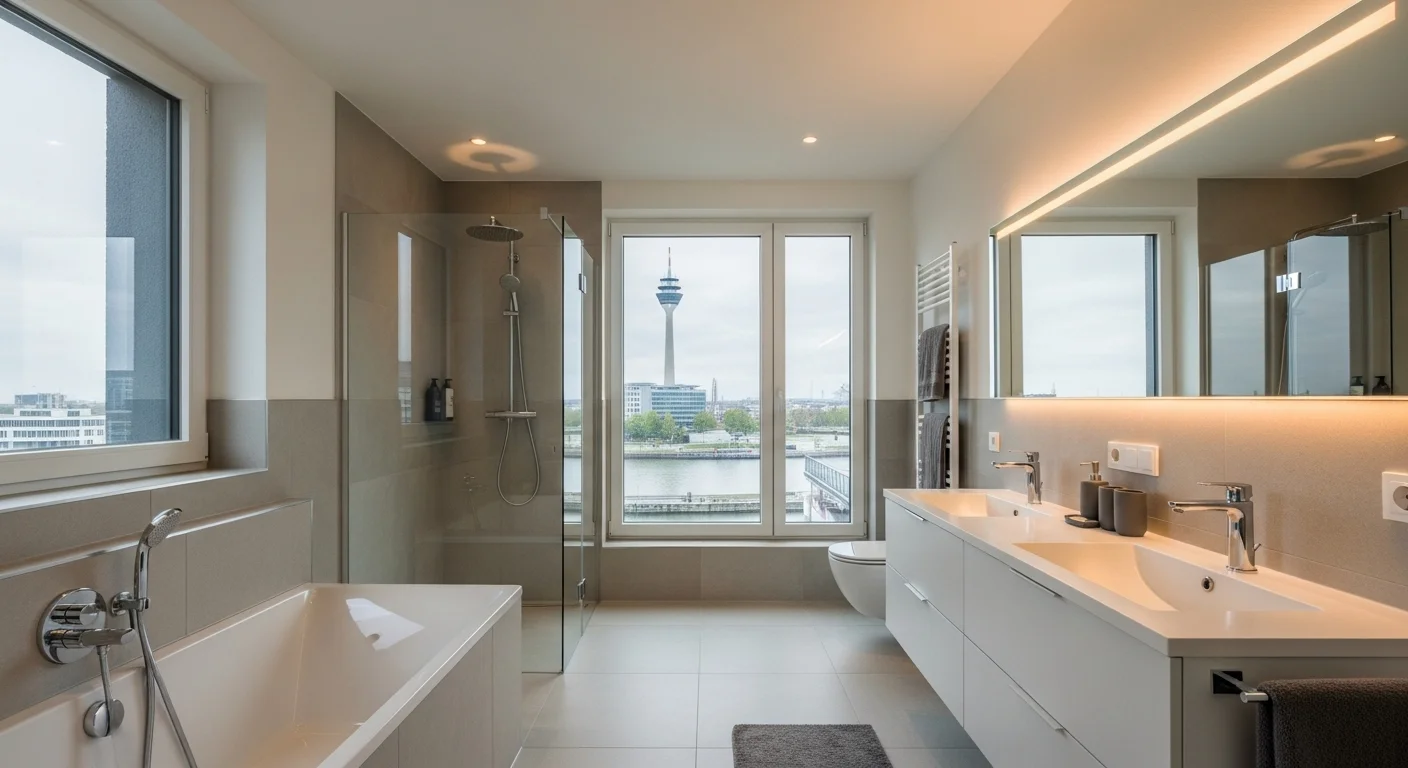 Luxuriöse Badsanierung Düsseldorf - Modernes Badezimmer mit Blick auf Rheinturm und MedienHafen