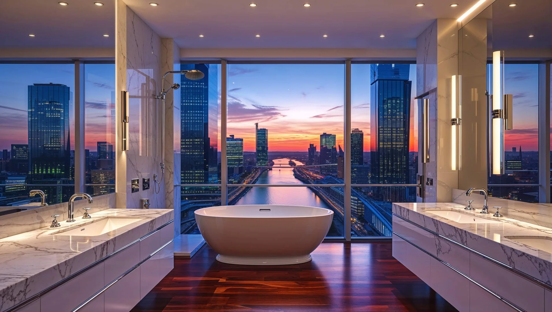 Moderne Badsanierung Frankfurt - Luxuriöses Badezimmer mit Blick auf Frankfurter Skyline