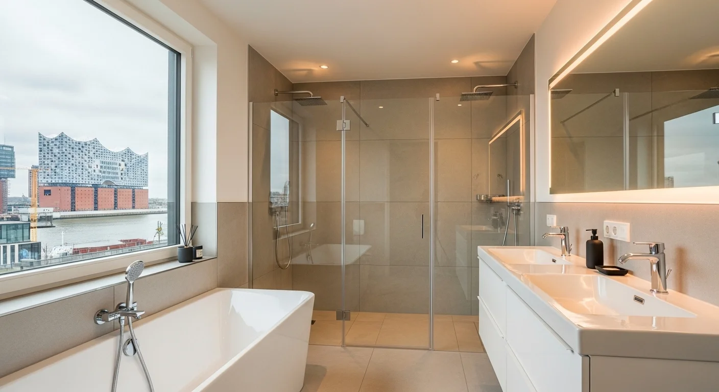 Moderne Badsanierung Hamburg - Luxuriöses Badezimmer mit Blick auf Elbphilharmonie und Hafen