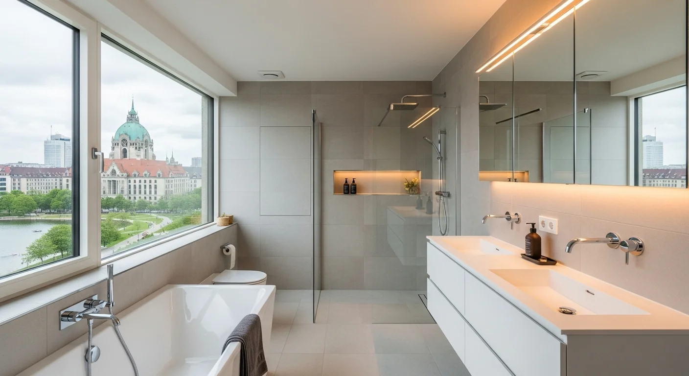 Moderne Badsanierung Hannover - Luxuriöses Badezimmer mit Blick auf Neues Rathaus