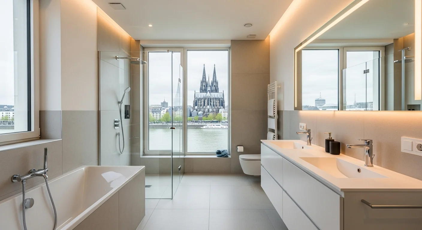 Moderne Badsanierung Köln - Luxuriöses Badezimmer mit Blick auf Kölner Dom und Rhein