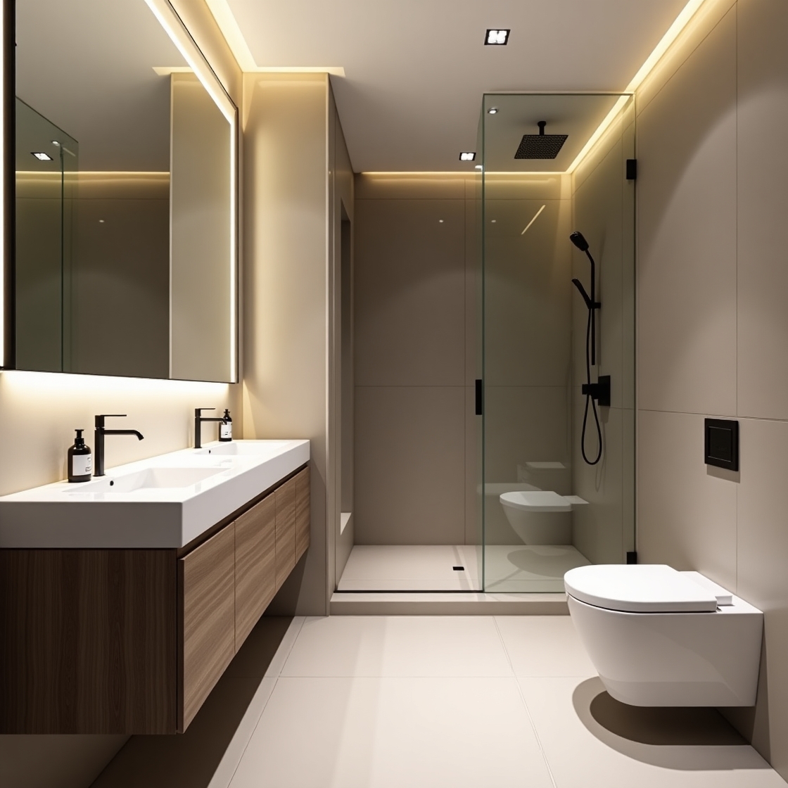 Fertiges modernes Badezimmer mit LED-Beleuchtung und hochwertigen Sanitärobjekten