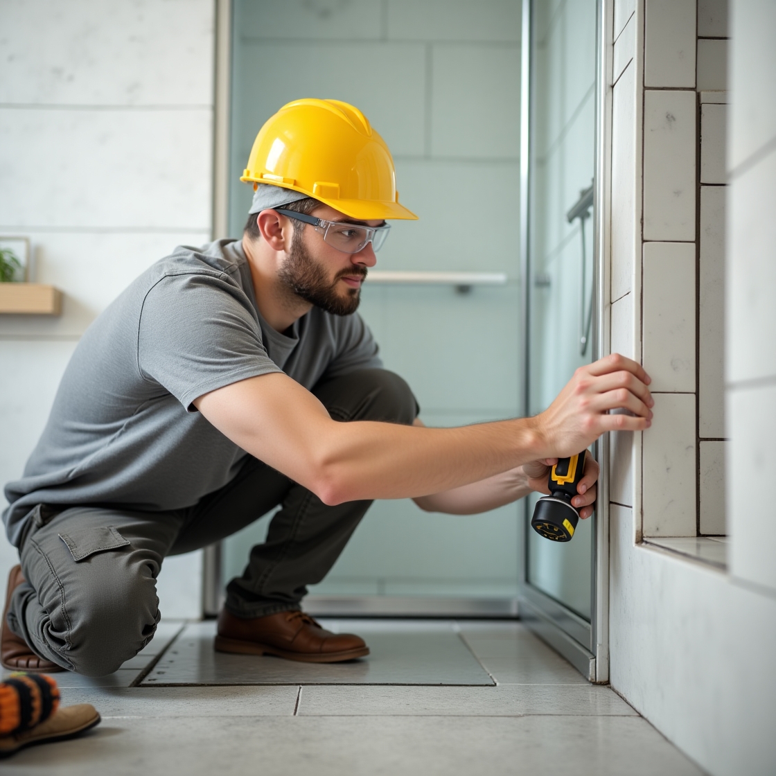 Handwerker mit gelbem Helm beim professionellen Einbau einer bodengleichen Dusche