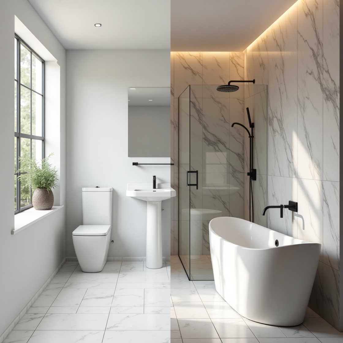 Vergleich zwischen Standard-Badezimmer und Luxus-Bad mit Marmoroptik und freistehender Badewanne