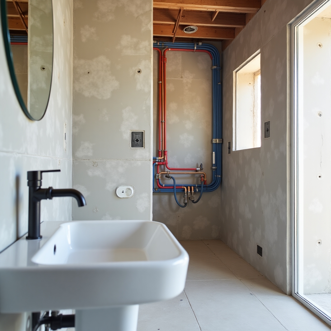 Rohinstallation im Bad mit sichtbaren Wasser- und Heizungsleitungen