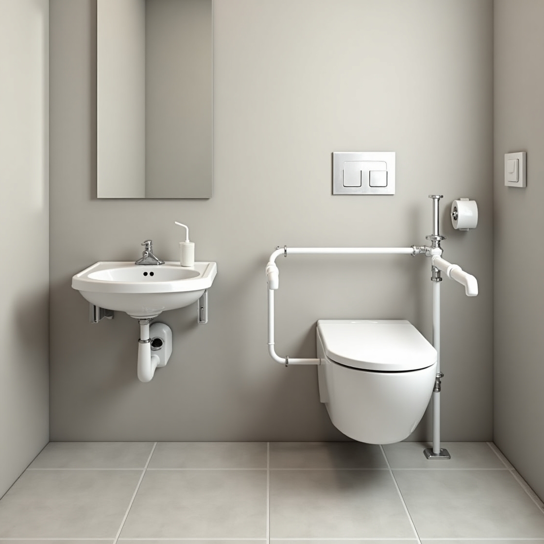 Barrierefreies WC mit beidseitigen Haltegriffen und unterfahrbarem Waschtisch